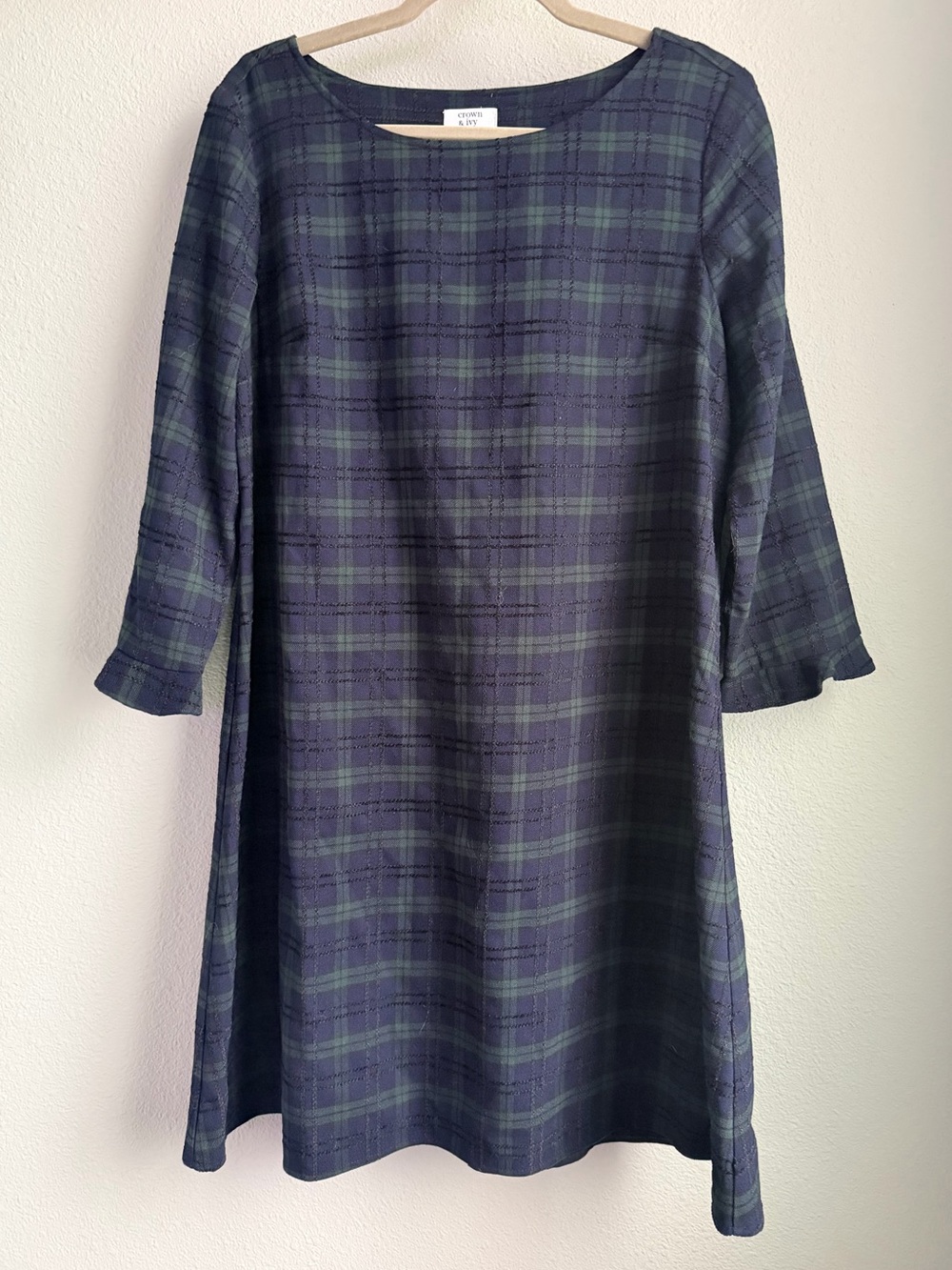 Crown & Ivy Black Watch Plaid Velvet Bow Back Shift Dress Size Medium